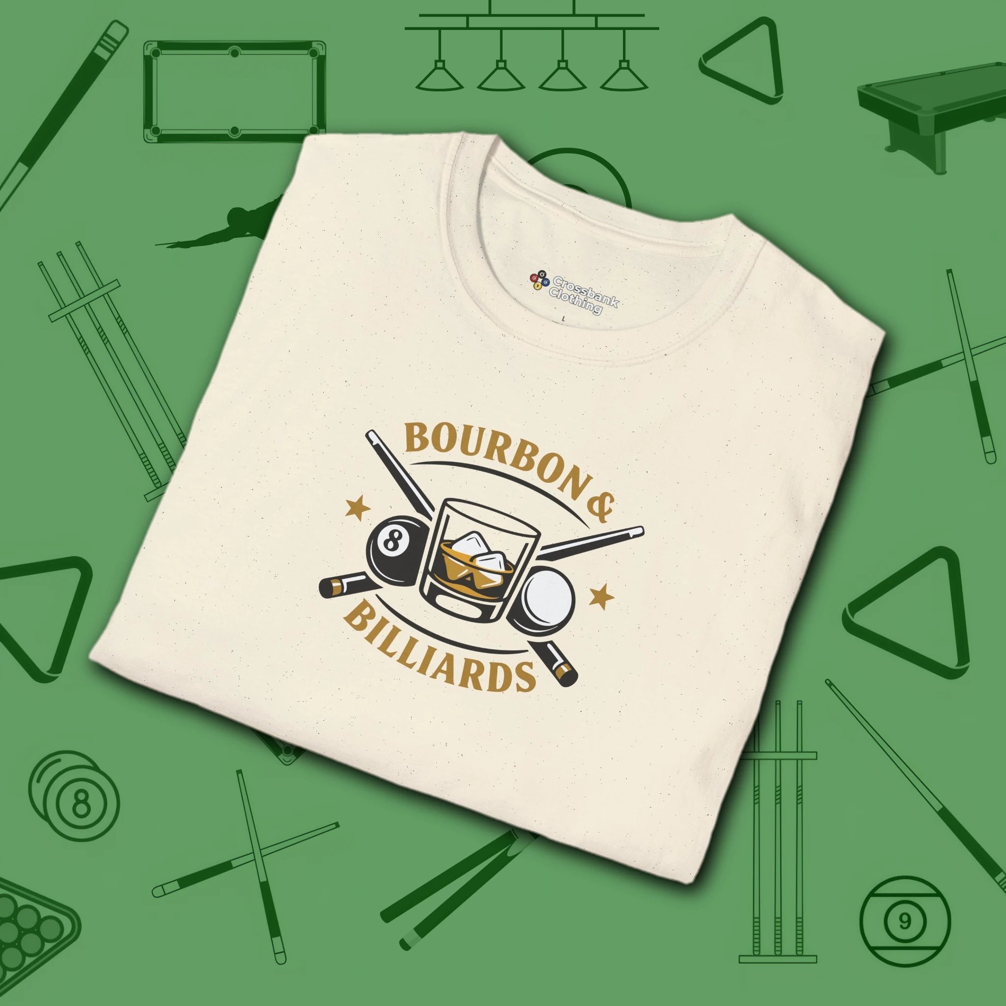 Bourbon and Billiards T-Shirt, in Natural color, pool shirt, folded view