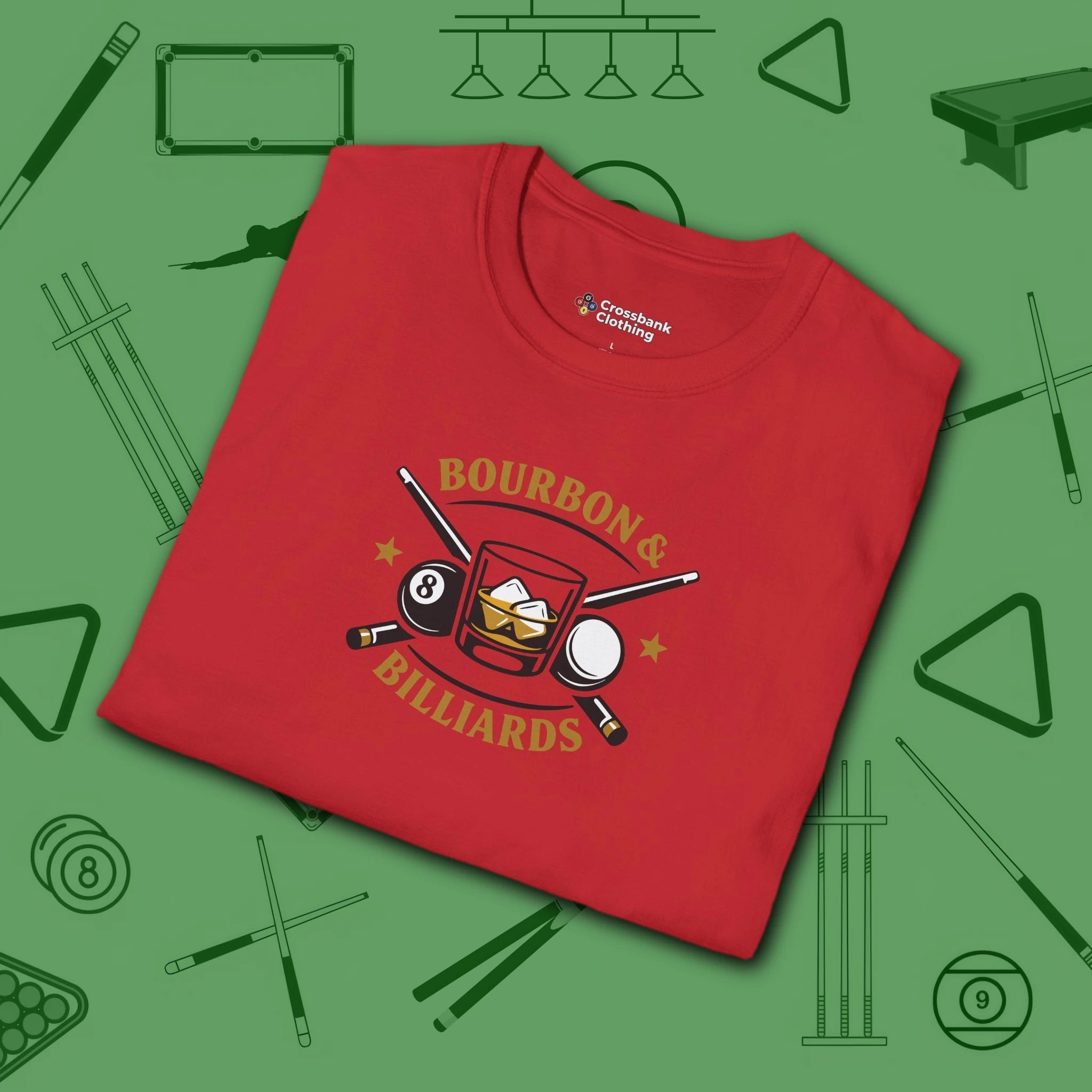 Bourbon and Billiards T-Shirt, in Red color, pool shirt, folded view