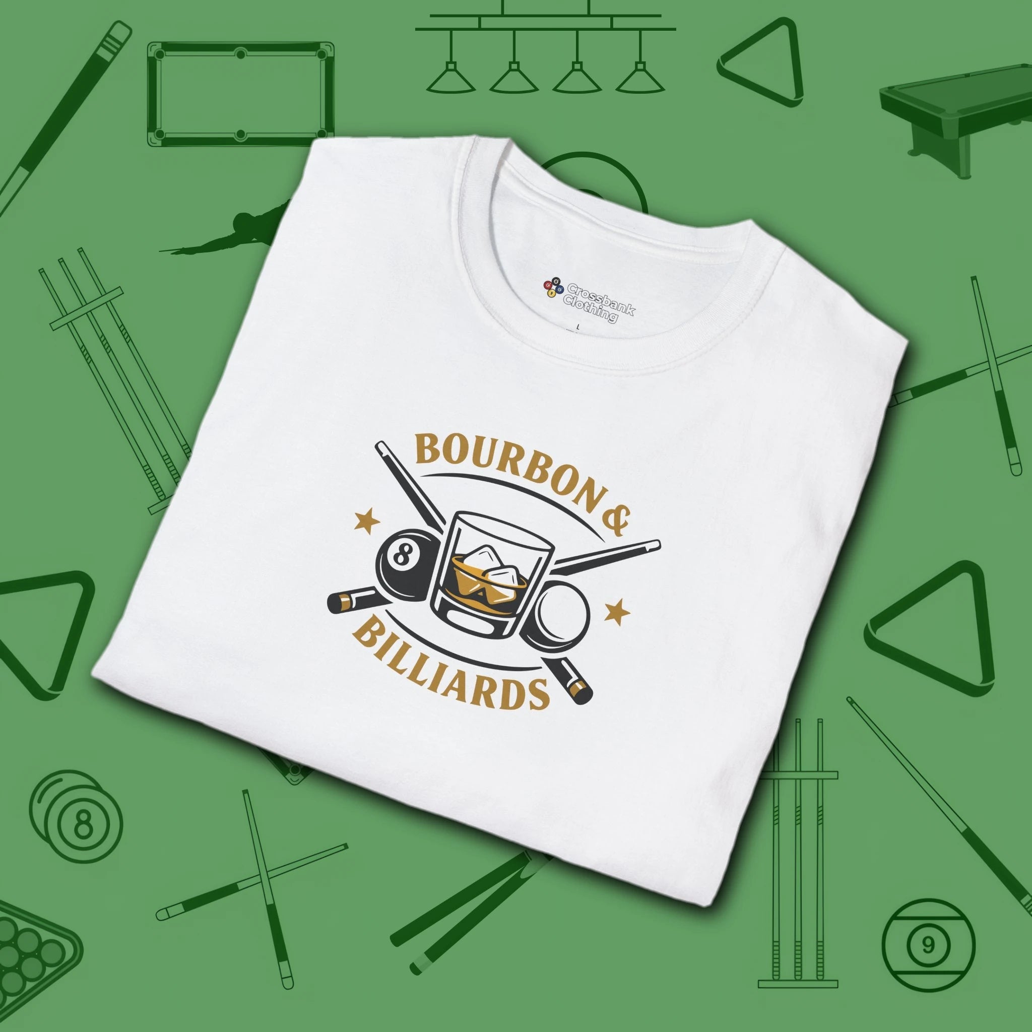 Bourbon and Billiards T-Shirt, in White color, pool shirt, folded view
