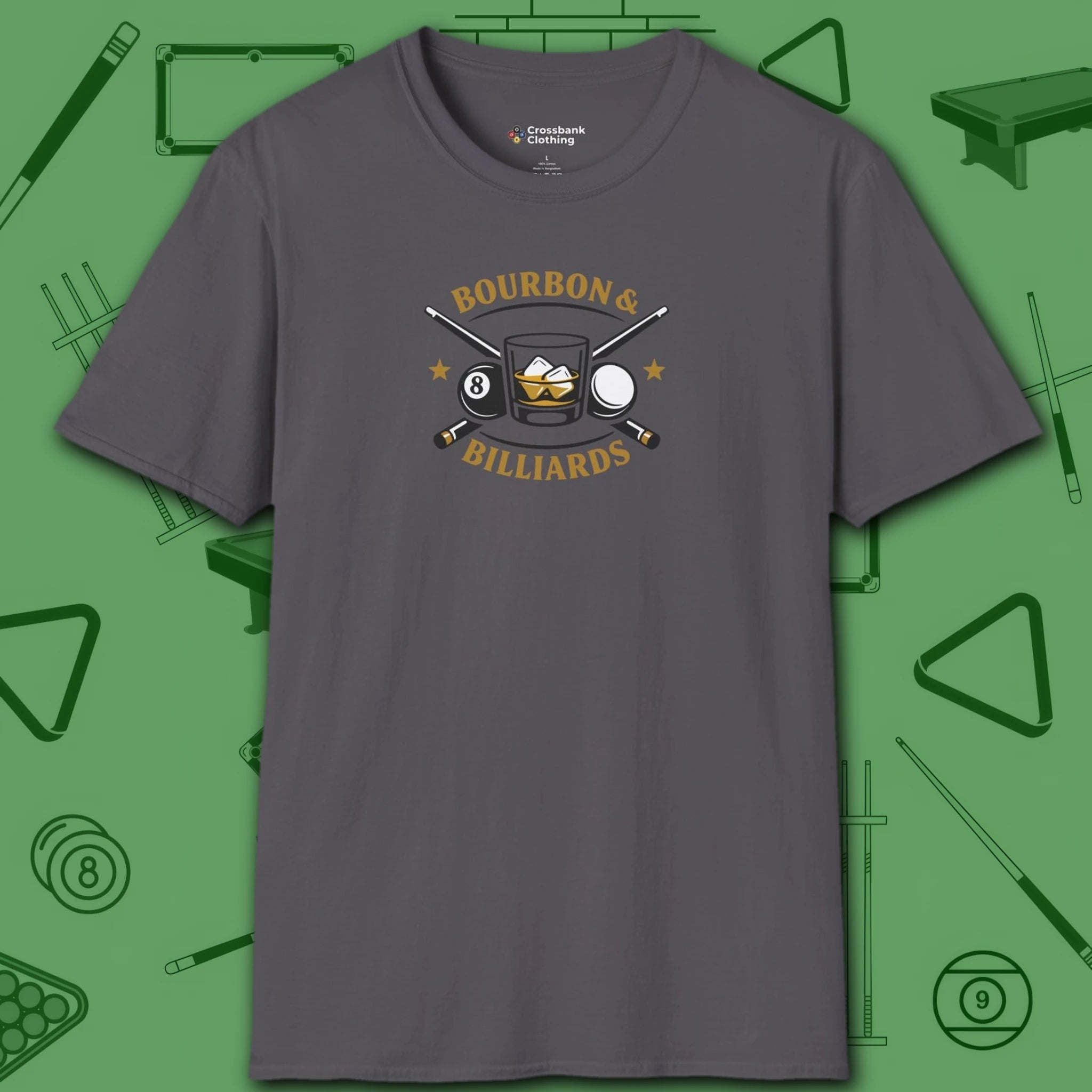 Bourbon and Billiards T-Shirt, in Charcoal color, pool shirt, front view