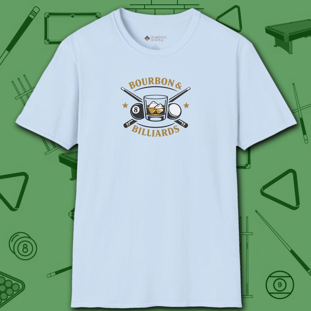 Bourbon and Billiards T-Shirt, in Light Blue color, pool shirt, front view