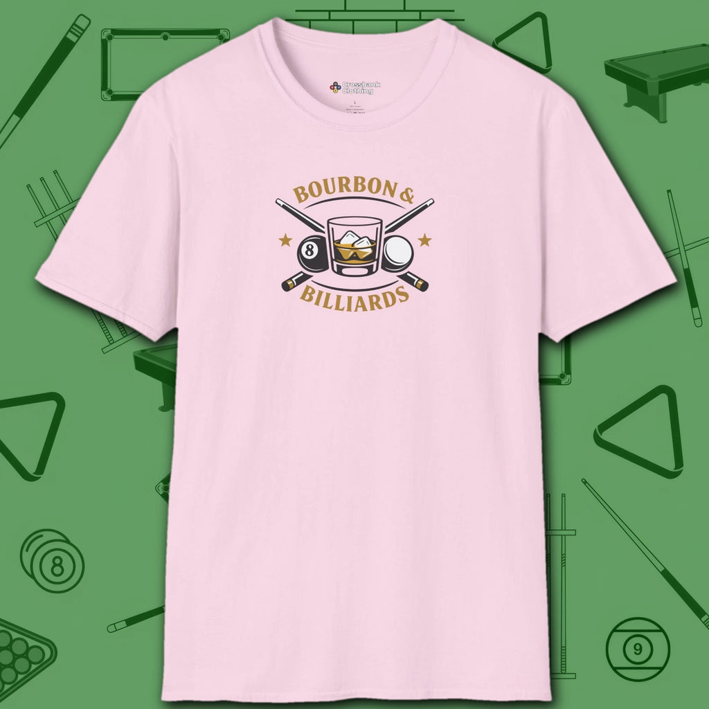 Bourbon and Billiards T-Shirt, in Light Pink color, pool shirt, front view