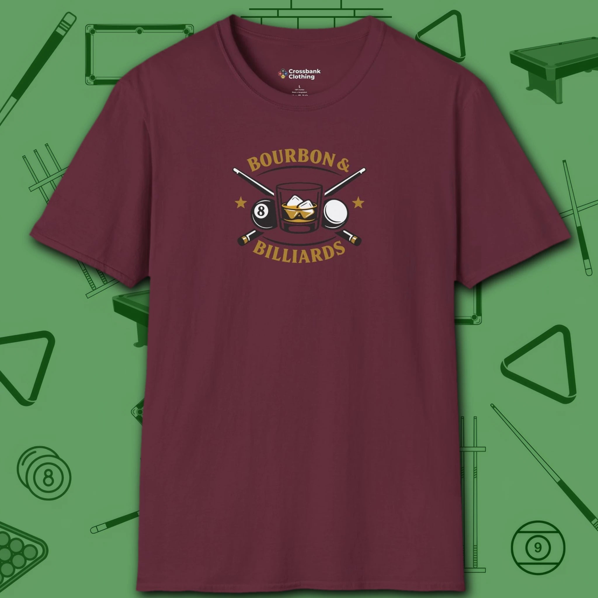Bourbon and Billiards T-Shirt, in Maroon color, pool shirt, front view