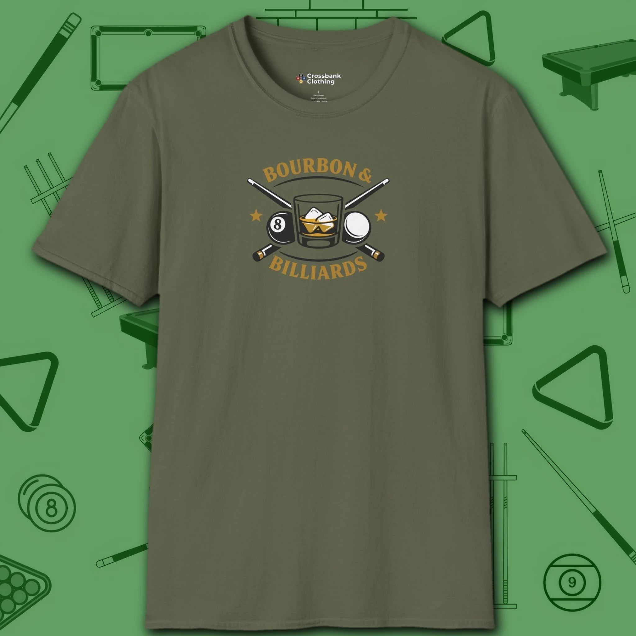 Bourbon and Billiards T-Shirt, in Military Green color, pool shirt, front view