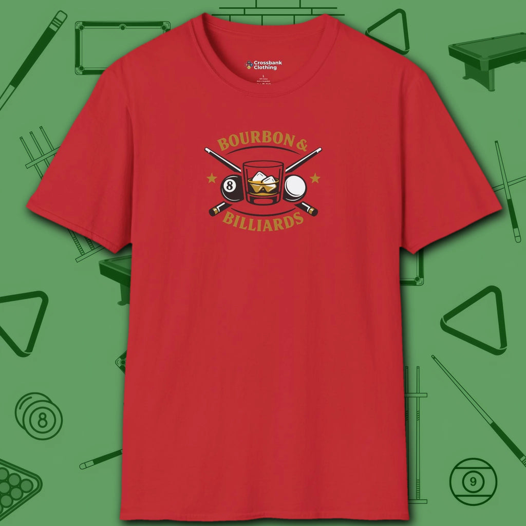 Bourbon and Billiards T-Shirt, in Red color, pool shirt, front view