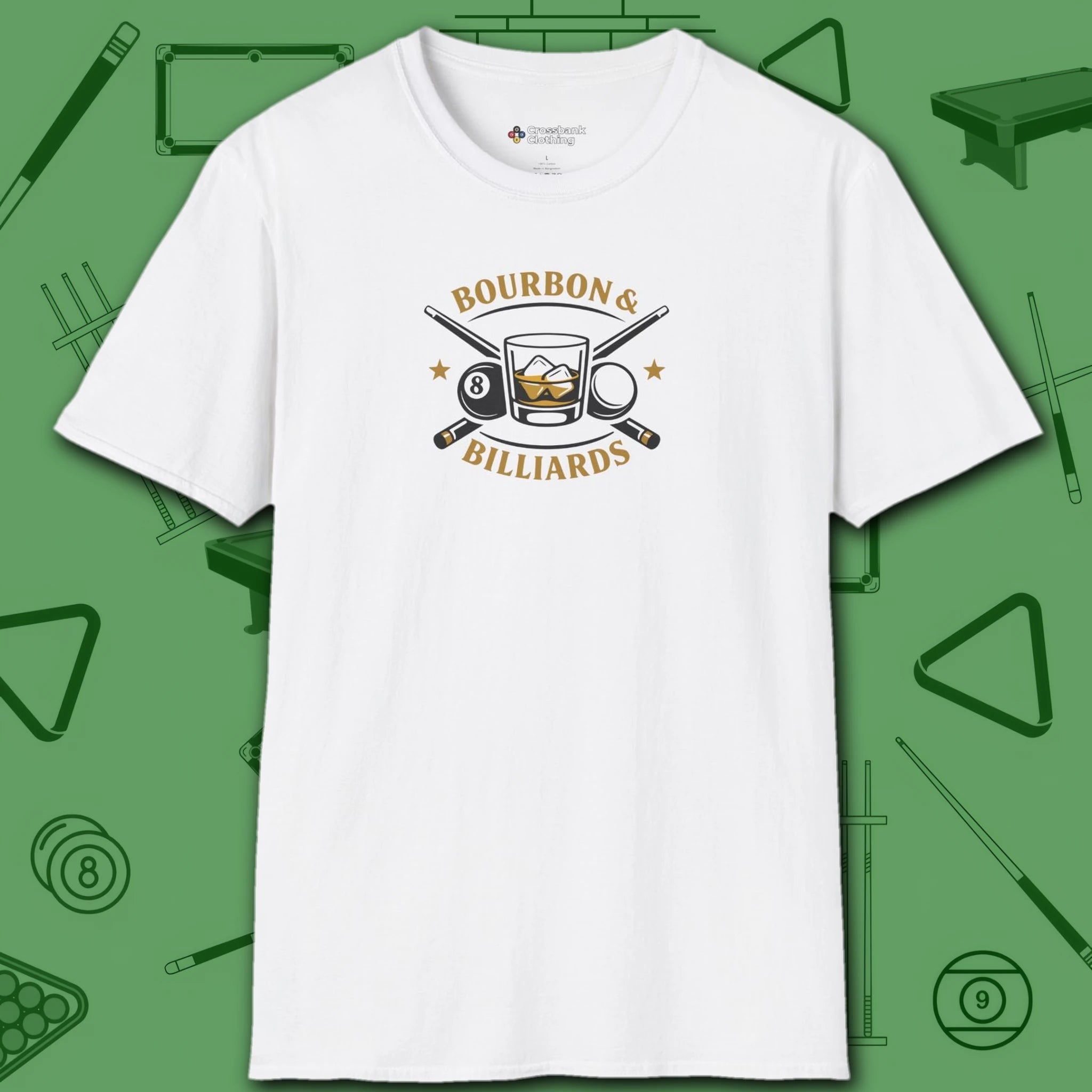 Bourbon and Billiards T-Shirt, in White color, pool shirt, front view