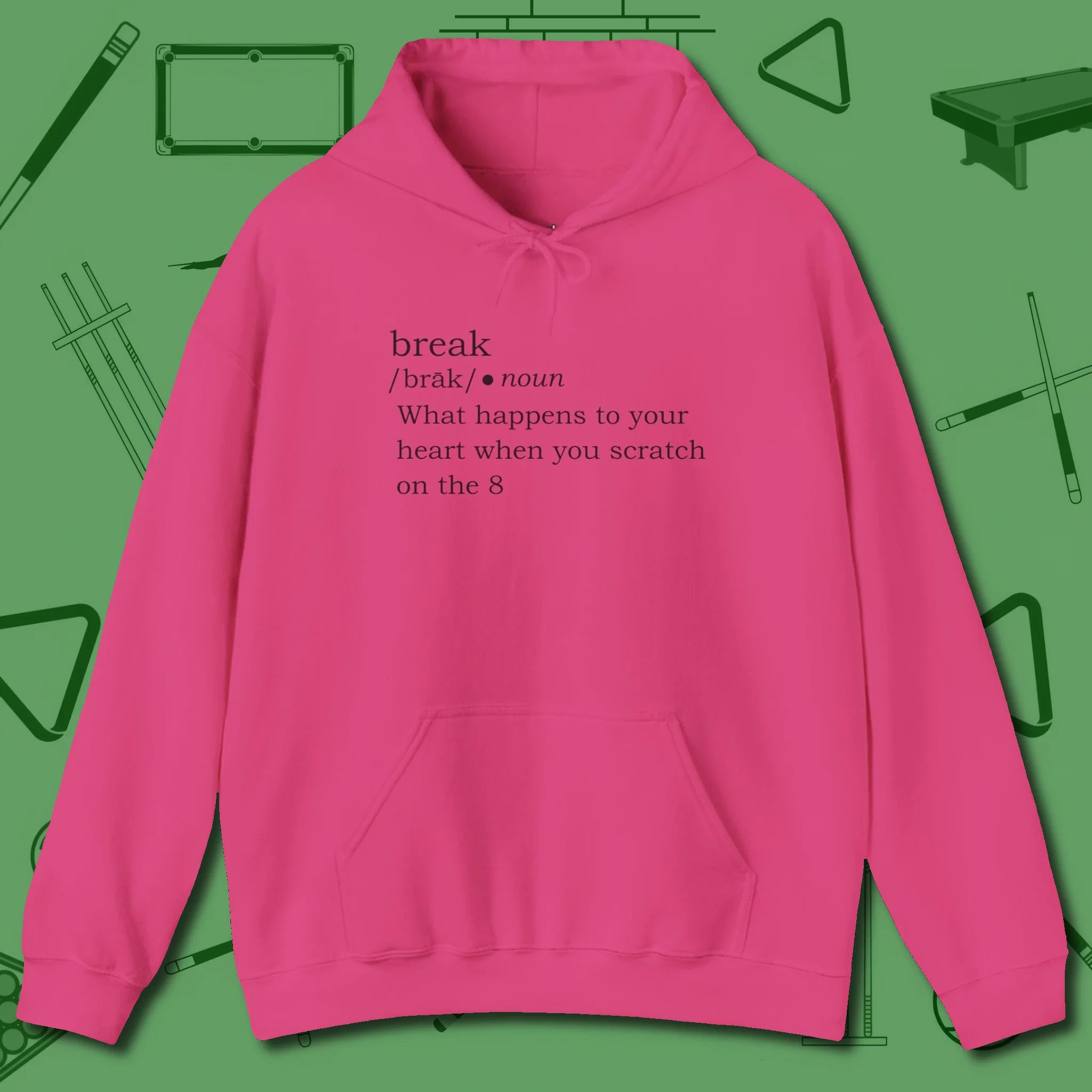Break Defined Hoodie, front view, in Heliconia subtle drip for serious shooters