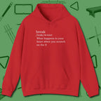 Break Defined Hoodie, front view, in Red your secret weapon off the table