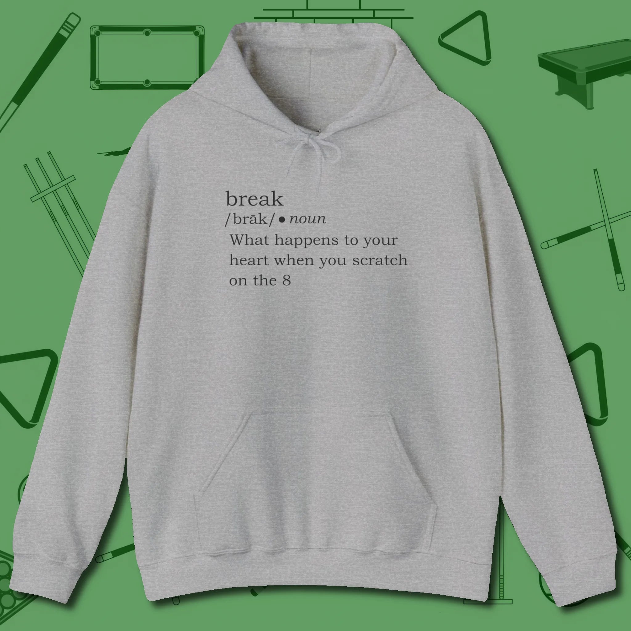Break Defined Hoodie, front view, in Sport Grey where style and cue discipline collide