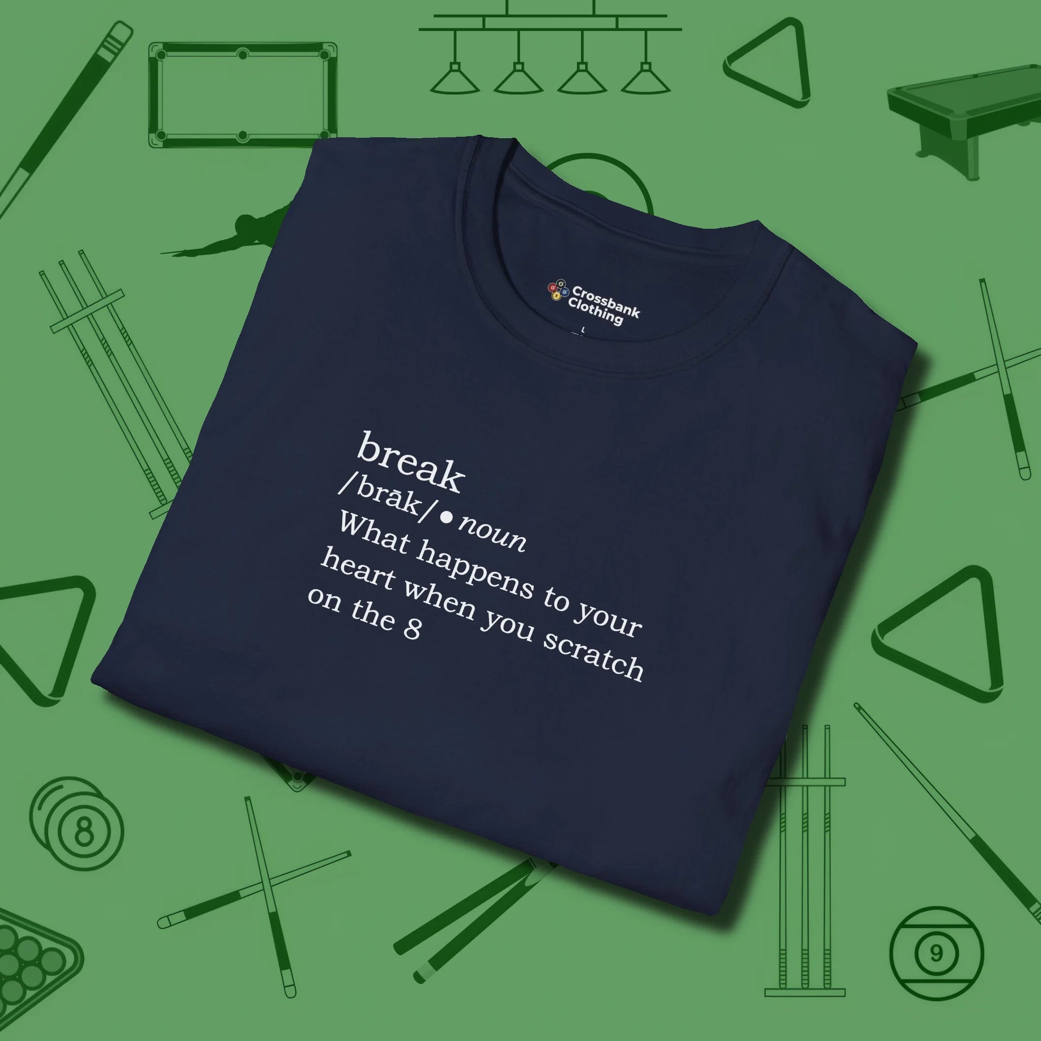 Break Defined T-Shirt, folded view, in Navy cool enough for a corner pocket finish