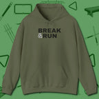 Break & Run Hoodie, front view, in Military Green cue up respect every time you wear it