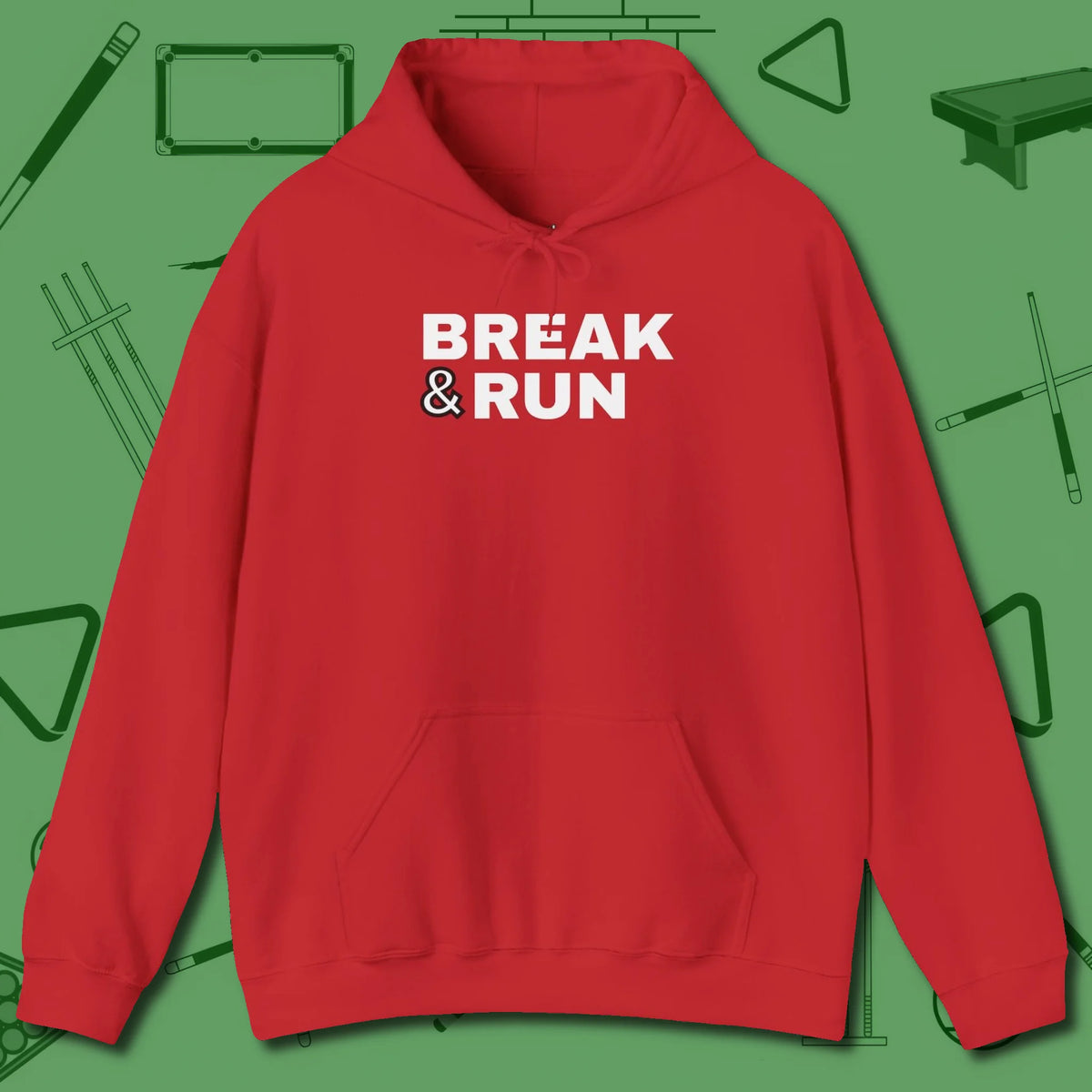 Break & Run Hoodie, front view, in Red because pool isn’t just a game — it’s who you are