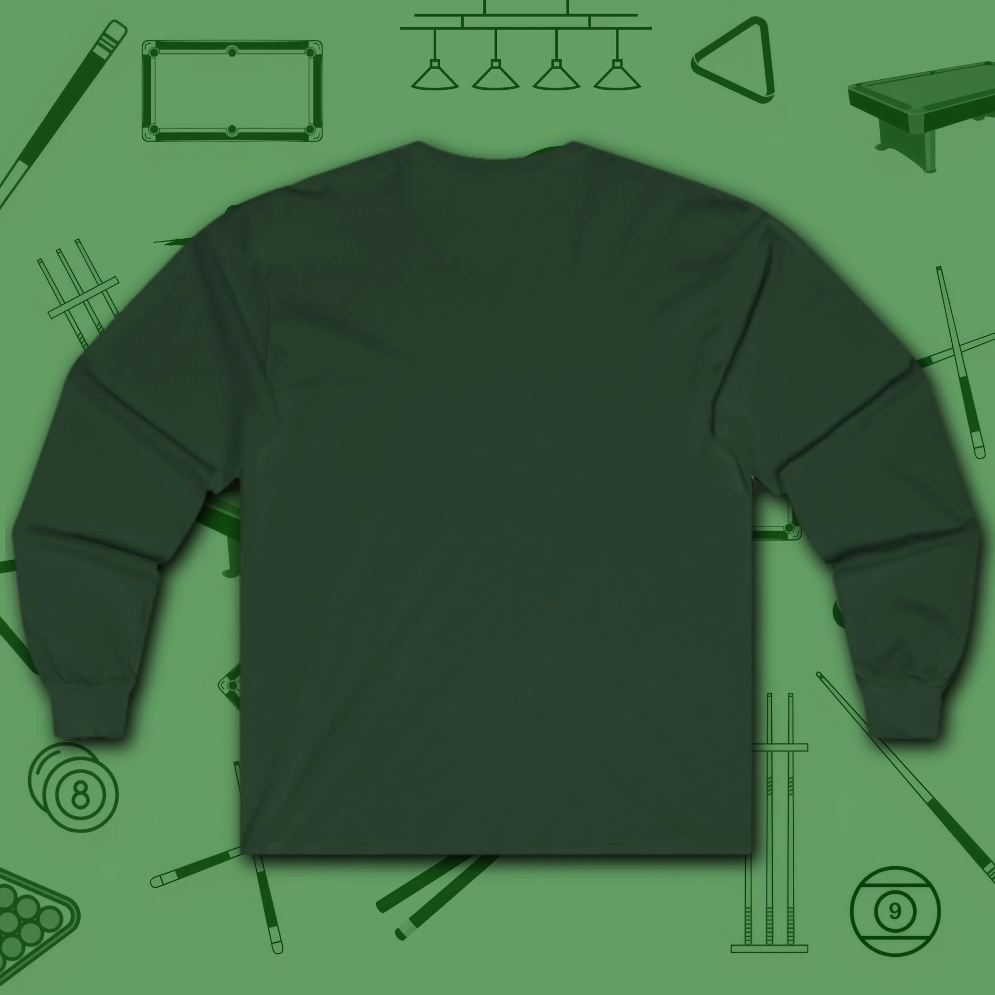 Break & Run Long Sleeve Tee, in Forest Green color, billiards shirt, back view