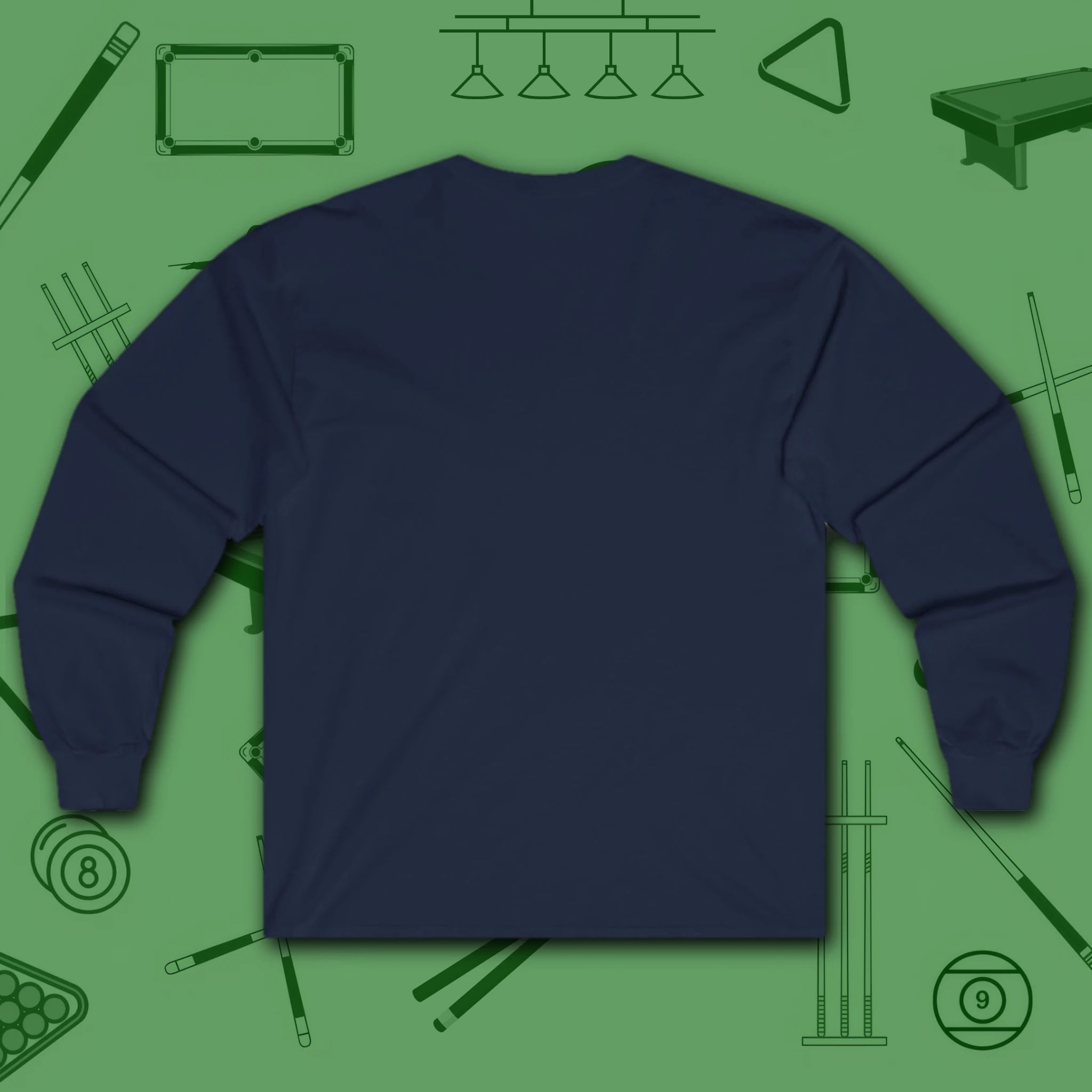 Break & Run Long Sleeve Tee, in Navy color, billiards shirt, back view