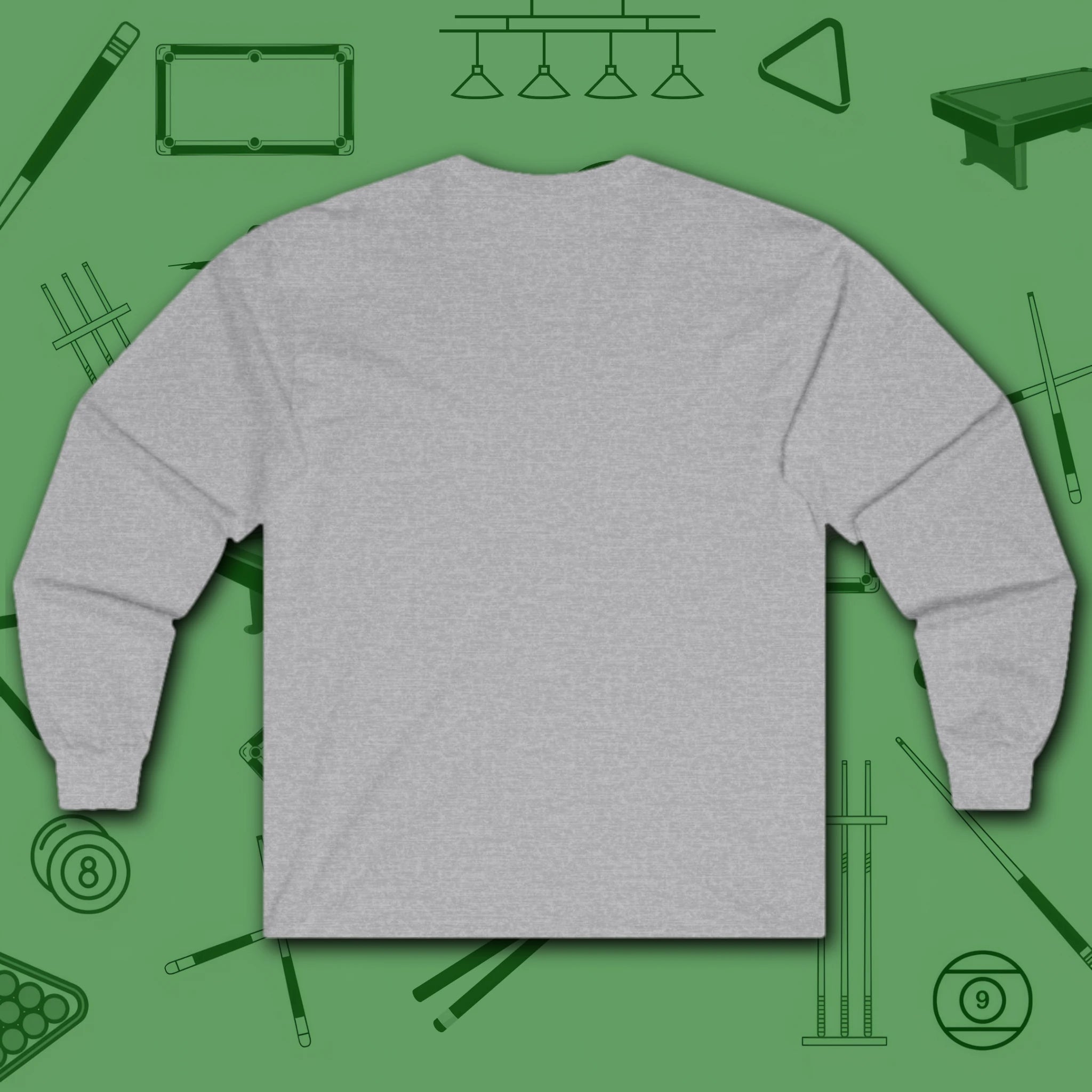 Break & Run Long Sleeve Tee, in Sport Grey color, billiards shirt, back view
