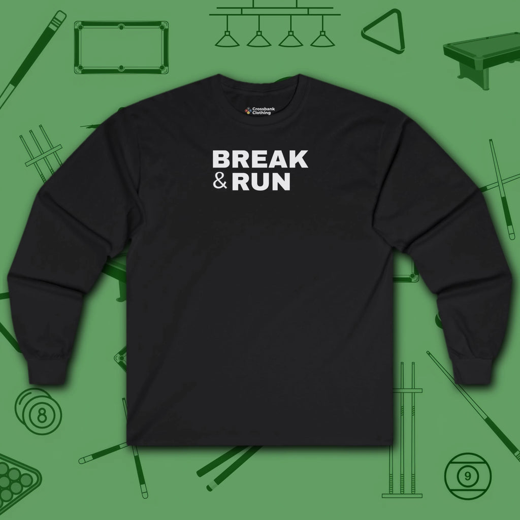 Break & Run Long Sleeve Tee, in Black color, billiards shirt, front view