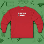 Break & Run Long Sleeve Tee, in Red color, billiards shirt, front view
