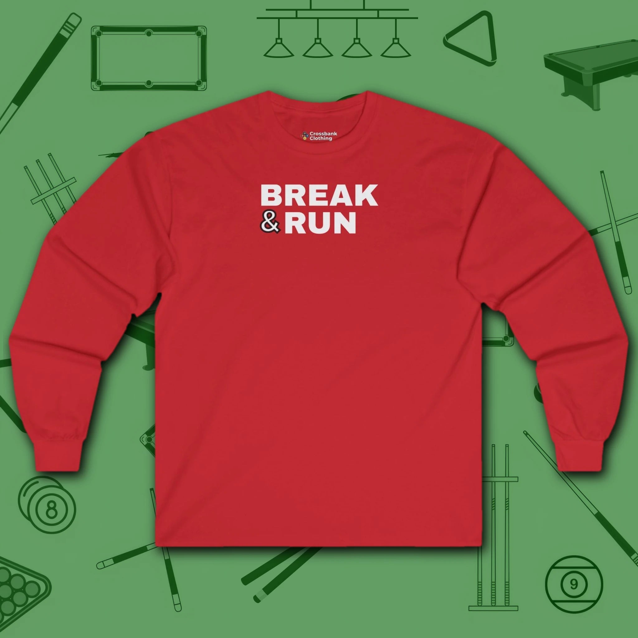 Break & Run Long Sleeve Tee, in Red color, billiards shirt, front view