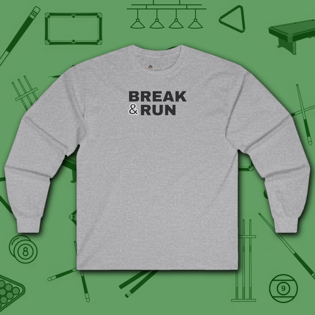 Break & Run Long Sleeve Tee, in Sport Grey color, billiards shirt, front view