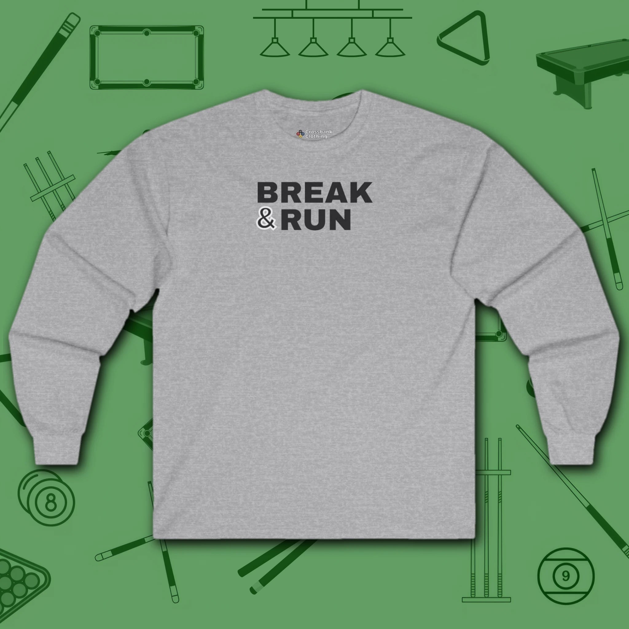 Break & Run Long Sleeve Tee, in Sport Grey color, billiards shirt, front view