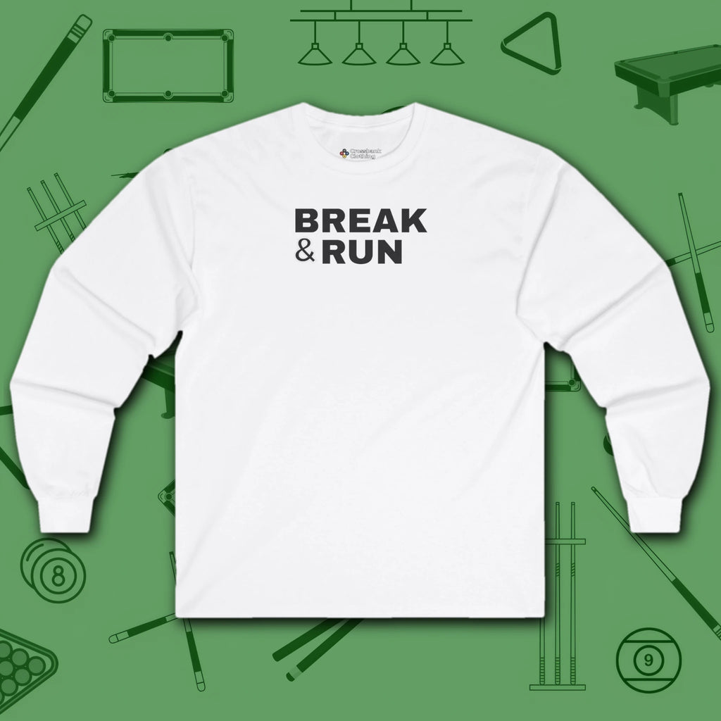 Break & Run Long Sleeve Tee, in White color, billiards shirt, front view
