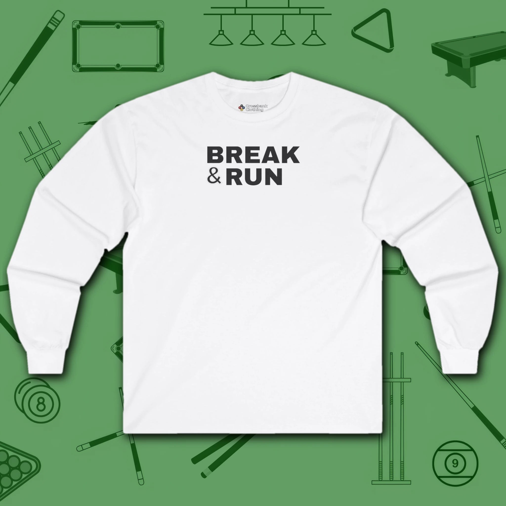 Break & Run Long Sleeve Tee, in White color, billiards shirt, front view