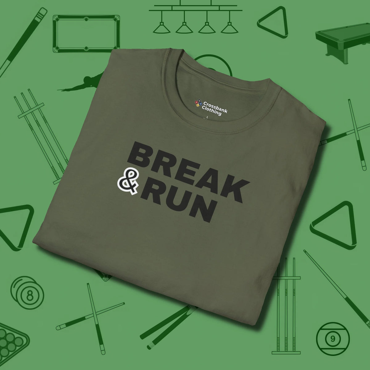 Break & Run T-Shirt, folded view, in Military Green table-tested, street-approved style