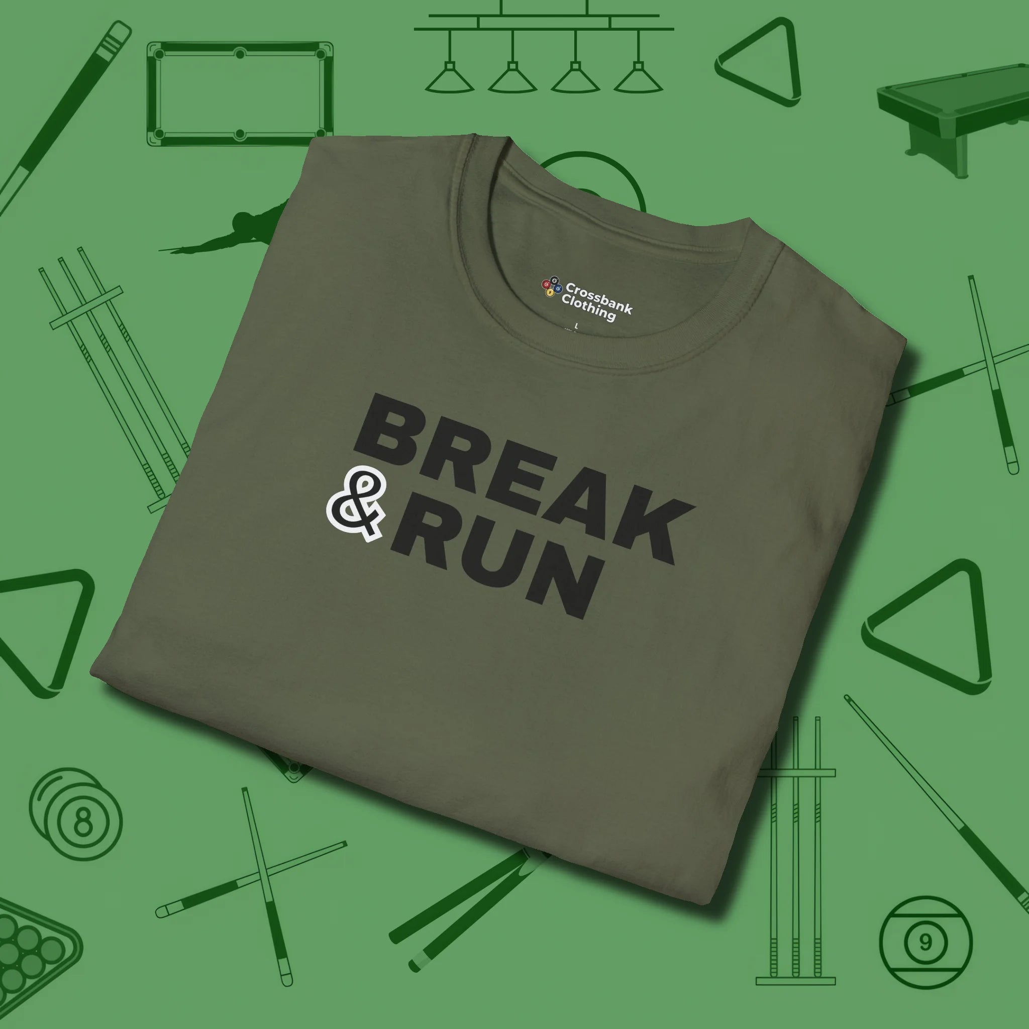 Break & Run T-Shirt, folded view, in Military Green table-tested, street-approved style