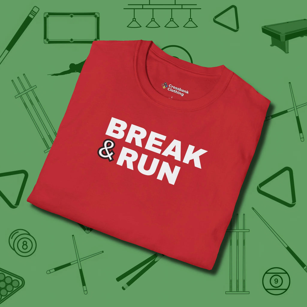 Break & Run T-Shirt, folded view, in Red because the table is your battlefield