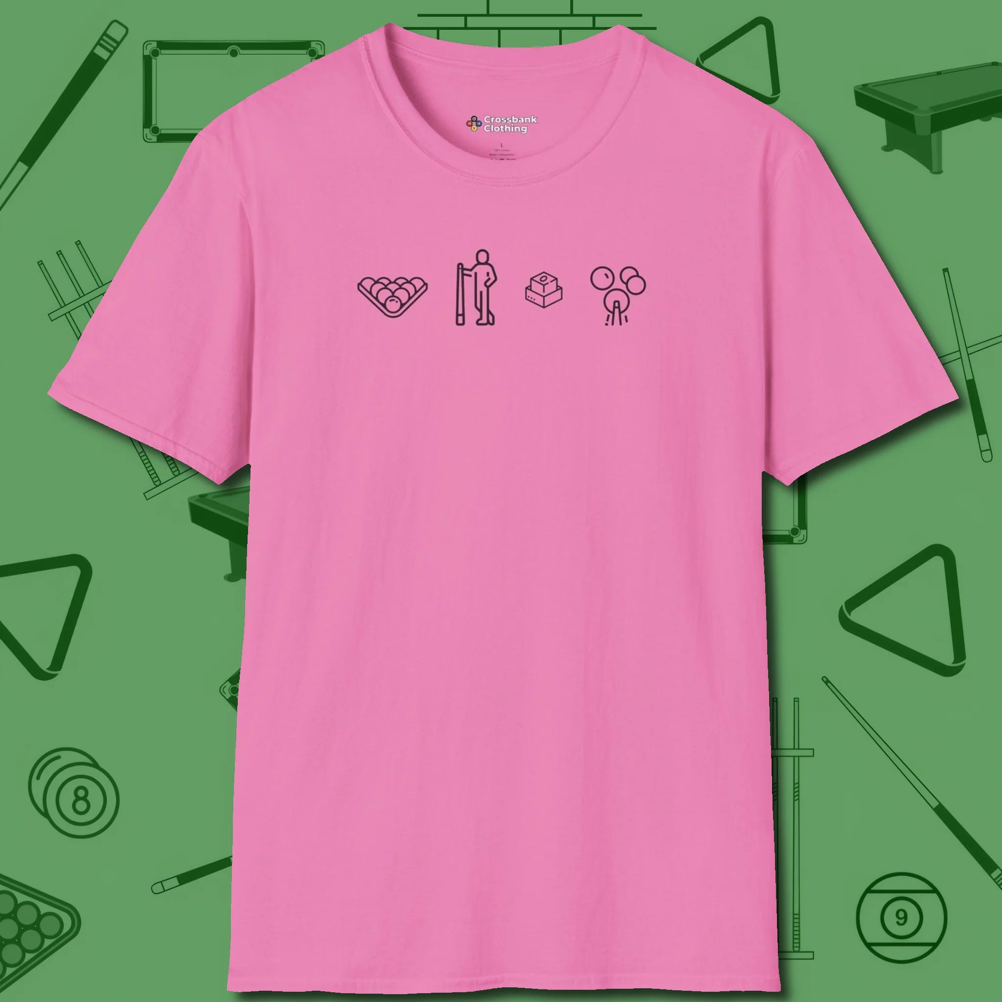 Break Sequence T-Shirt, front view, in Azalea made for pool sharks, not posers