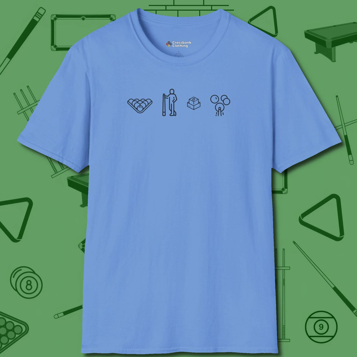 Break Sequence T-Shirt, front view, in Carolina Blue an extension of your pool persona