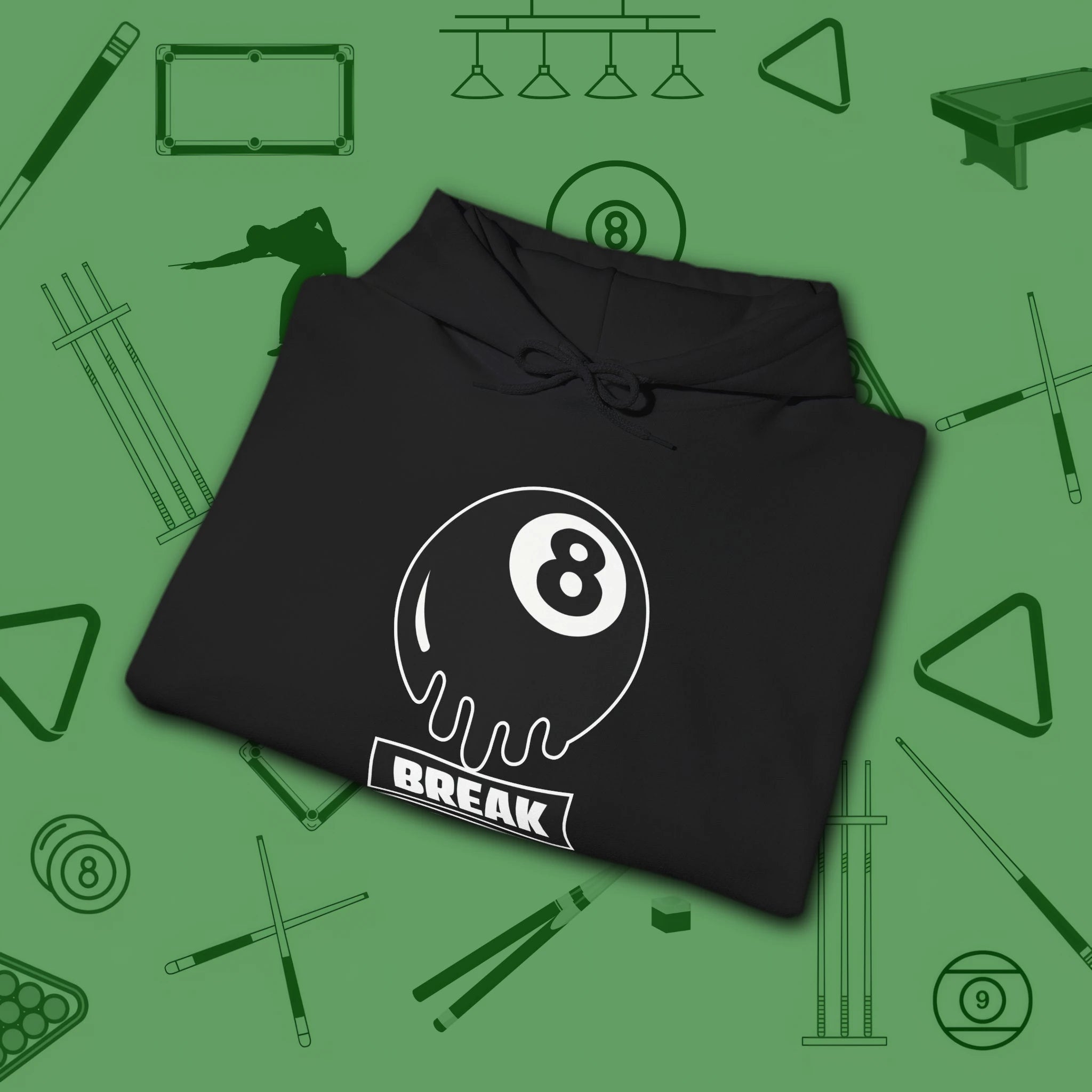 Break Society Hoodie, in Black color, billiards hoodie, folded view