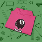 Break Society Hoodie, in Heliconia color, billiards hoodie, folded view