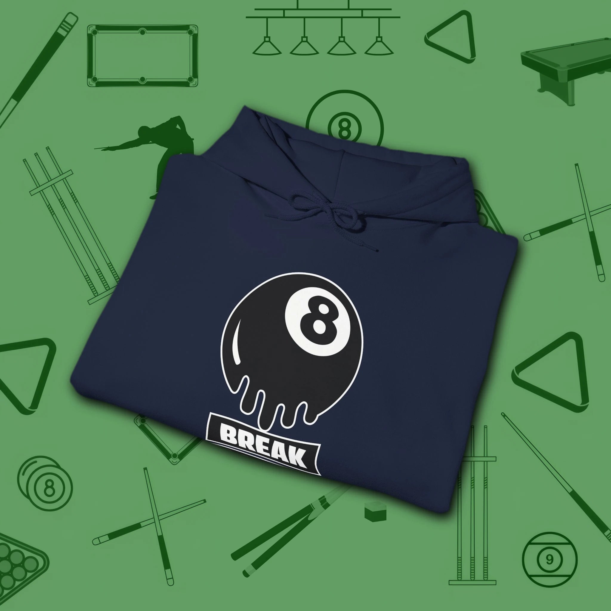Break Society Hoodie, in Navy color, billiards hoodie, folded view