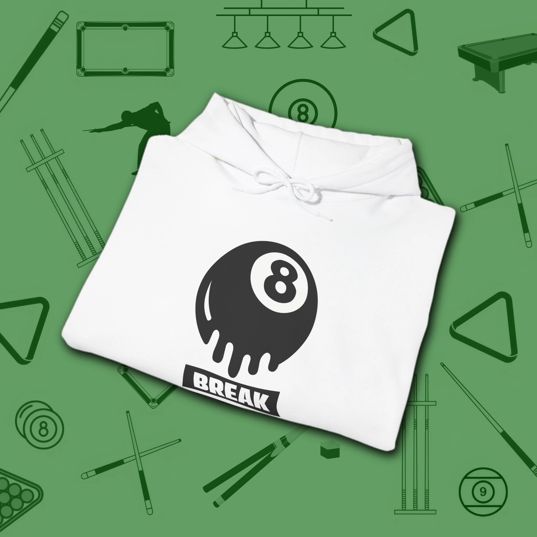 Break Society Hoodie, in White color, billiards hoodie, folded view