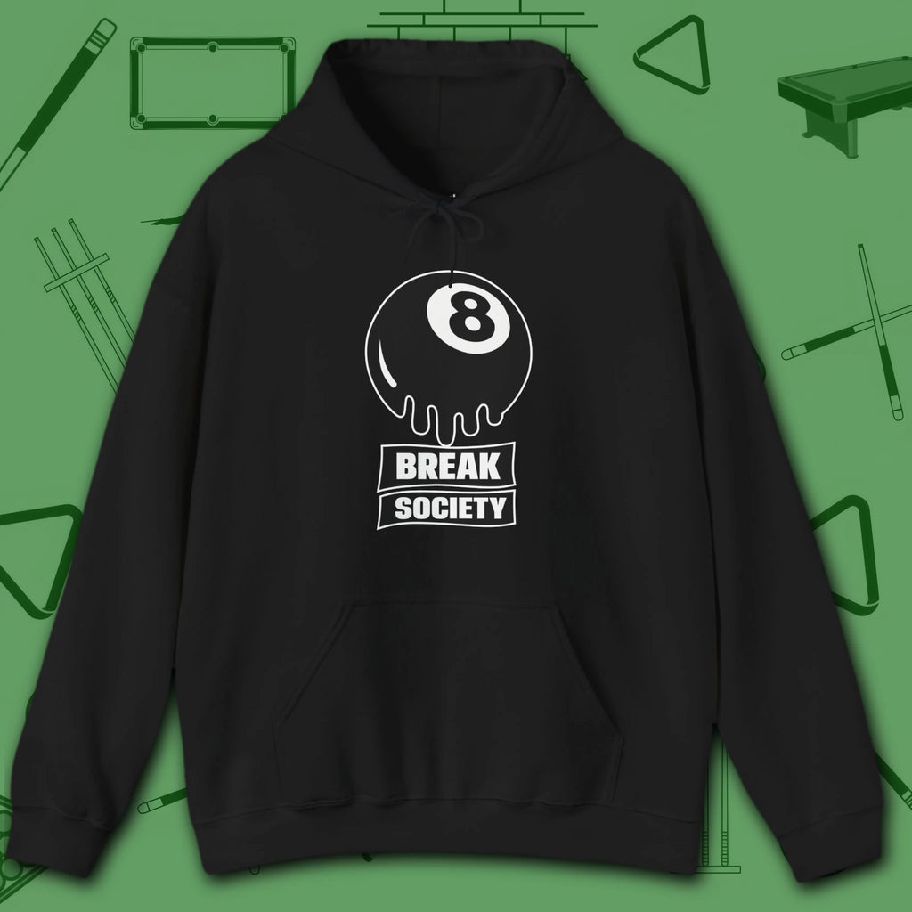 Break Society Hoodie, in Black color, billiards hoodie, front view