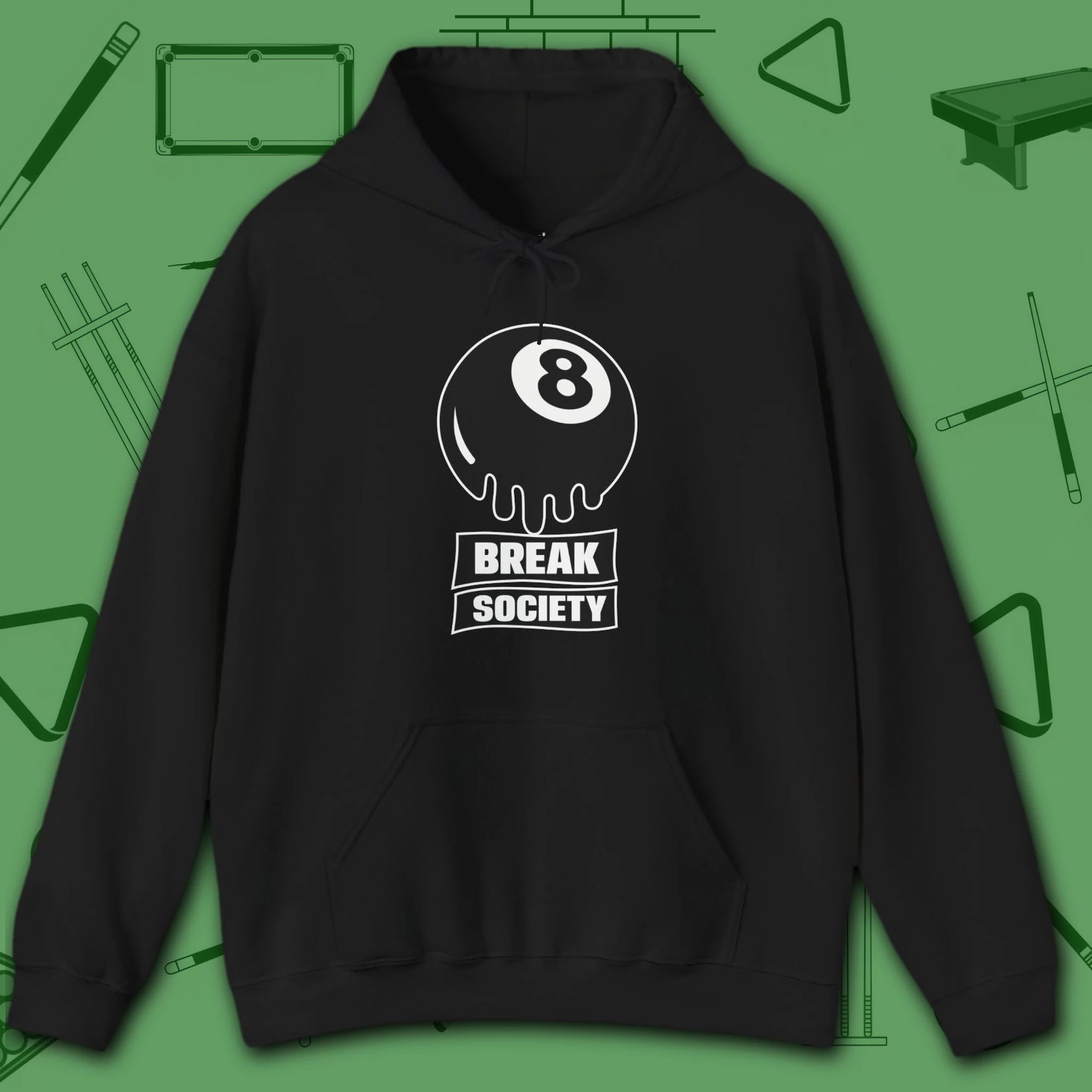 Break Society Hoodie, in Black color, billiards hoodie, front view