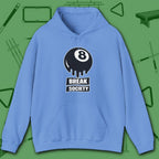 Break Society Hoodie, in Carolina Blue color, billiards hoodie, front view