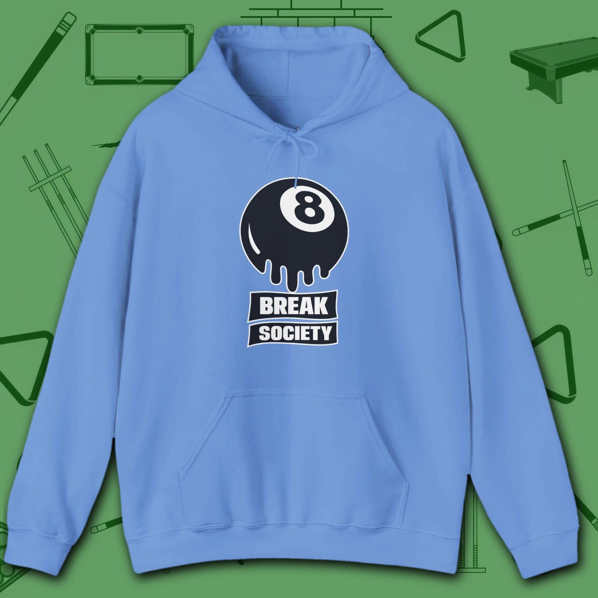 Break Society Hoodie, in Carolina Blue color, billiards hoodie, front view