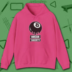 Break Society Hoodie, in Heliconia color, billiards hoodie, front view