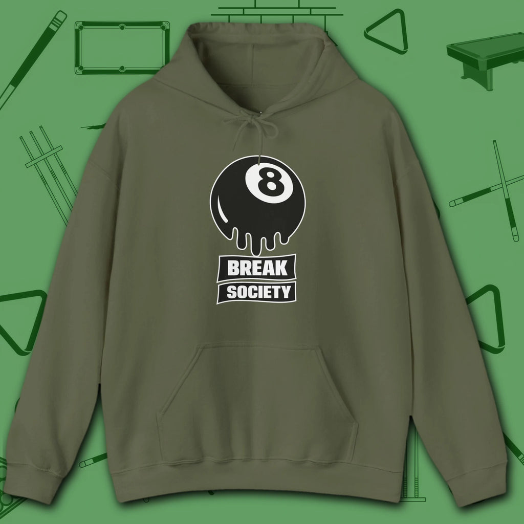 Break Society Hoodie, in Military Green color, billiards hoodie, front view