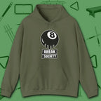 Break Society Hoodie, in Military Green color, billiards hoodie, front view