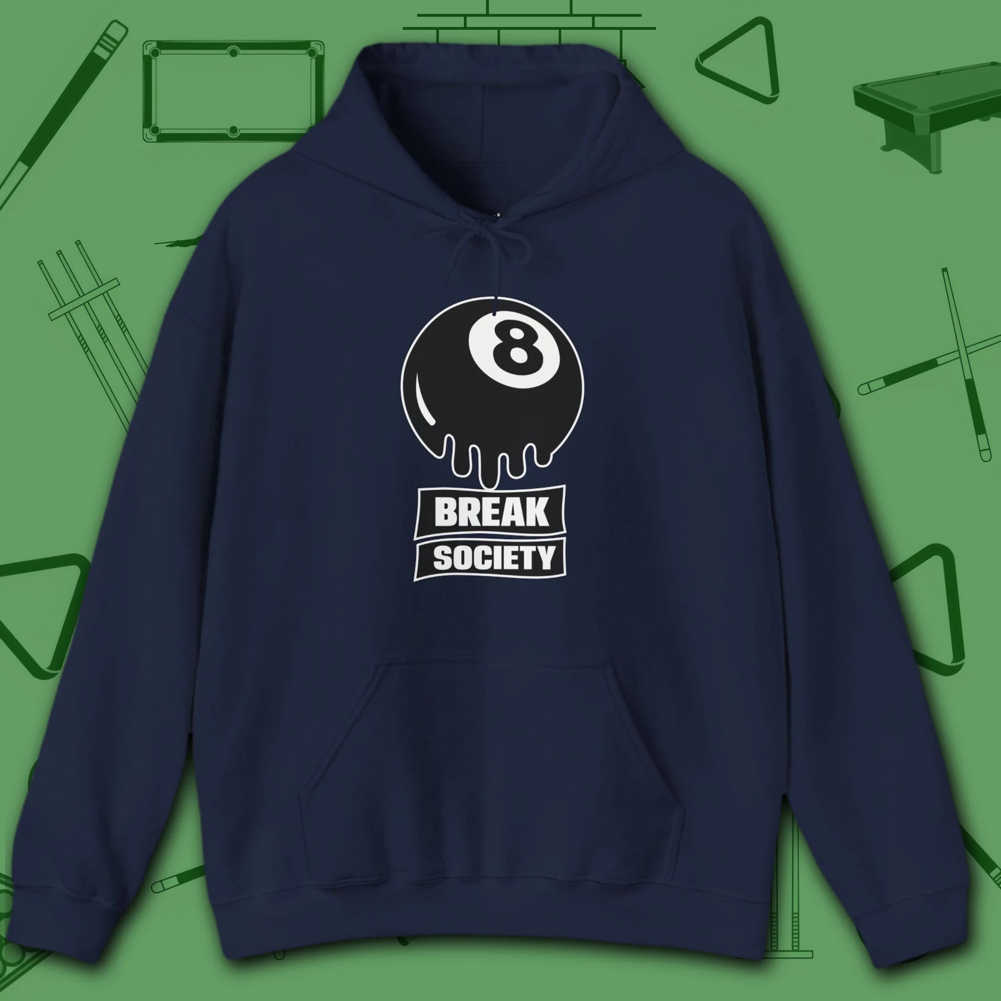 Break Society Hoodie, in Navy color, billiards hoodie, front view