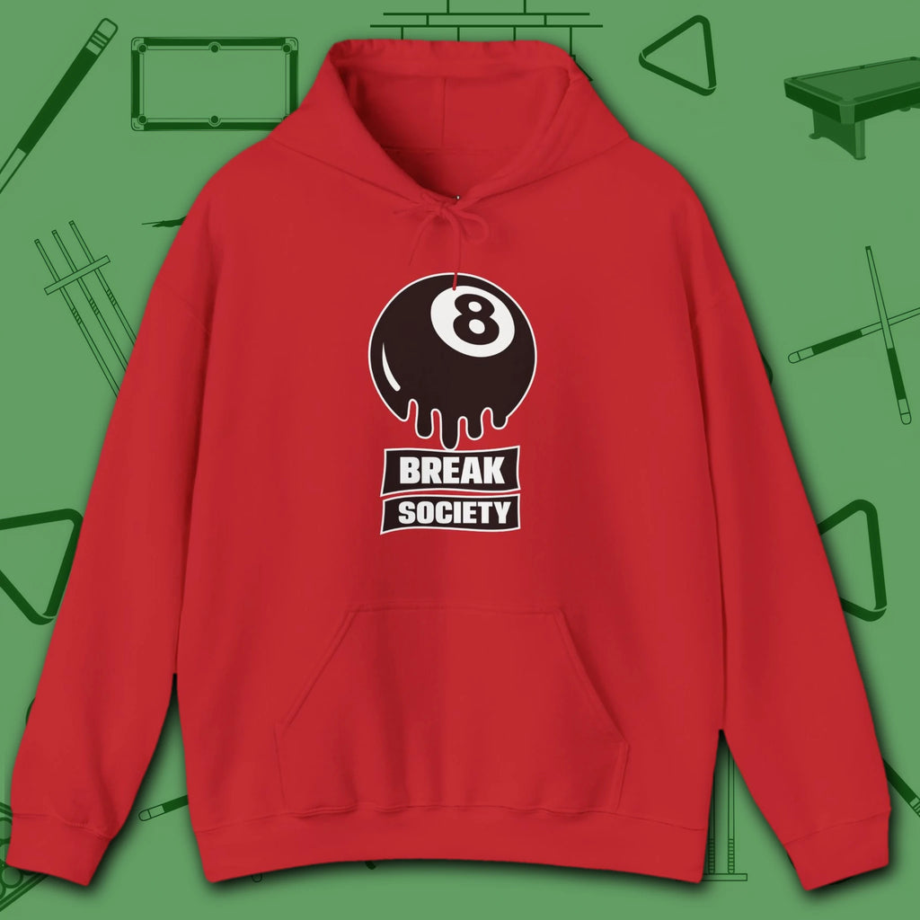 Break Society Hoodie, in Red color, billiards hoodie, front view