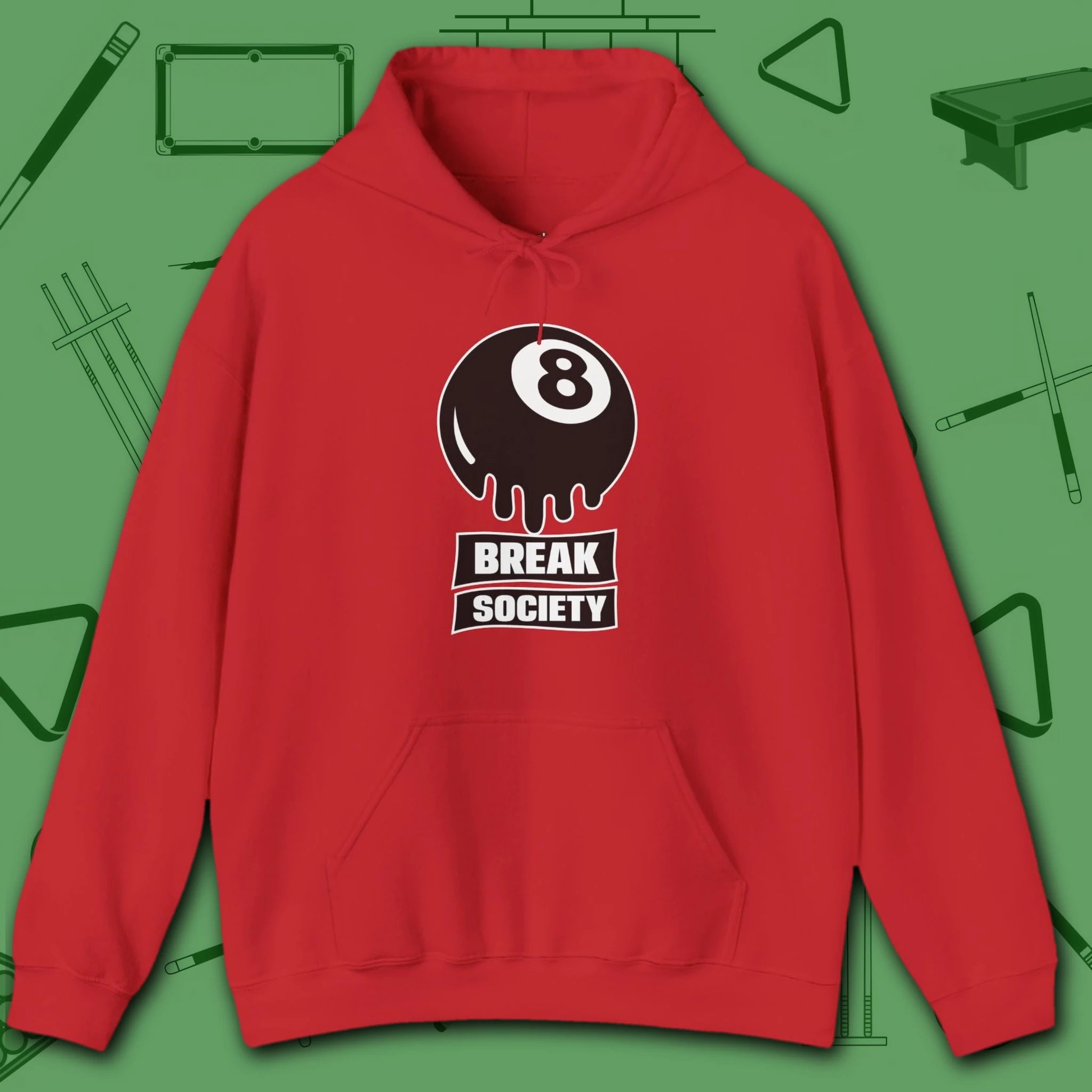 Break Society Hoodie, in Red color, billiards hoodie, front view