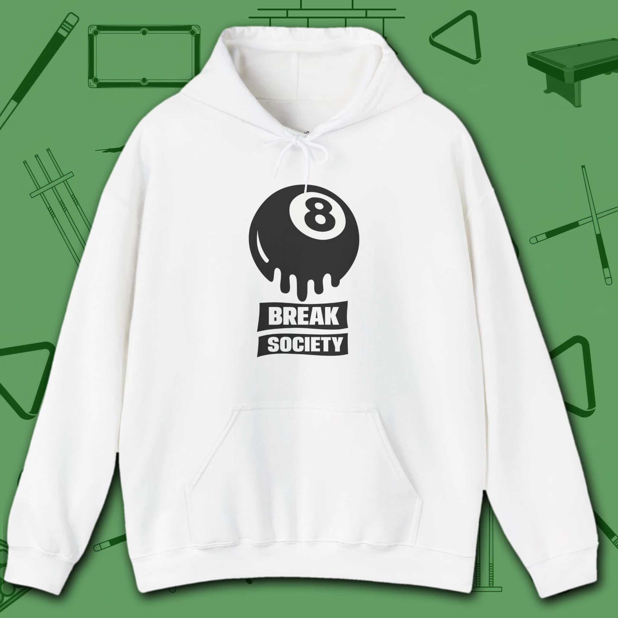 Break Society Hoodie, in White color, billiards hoodie, front view