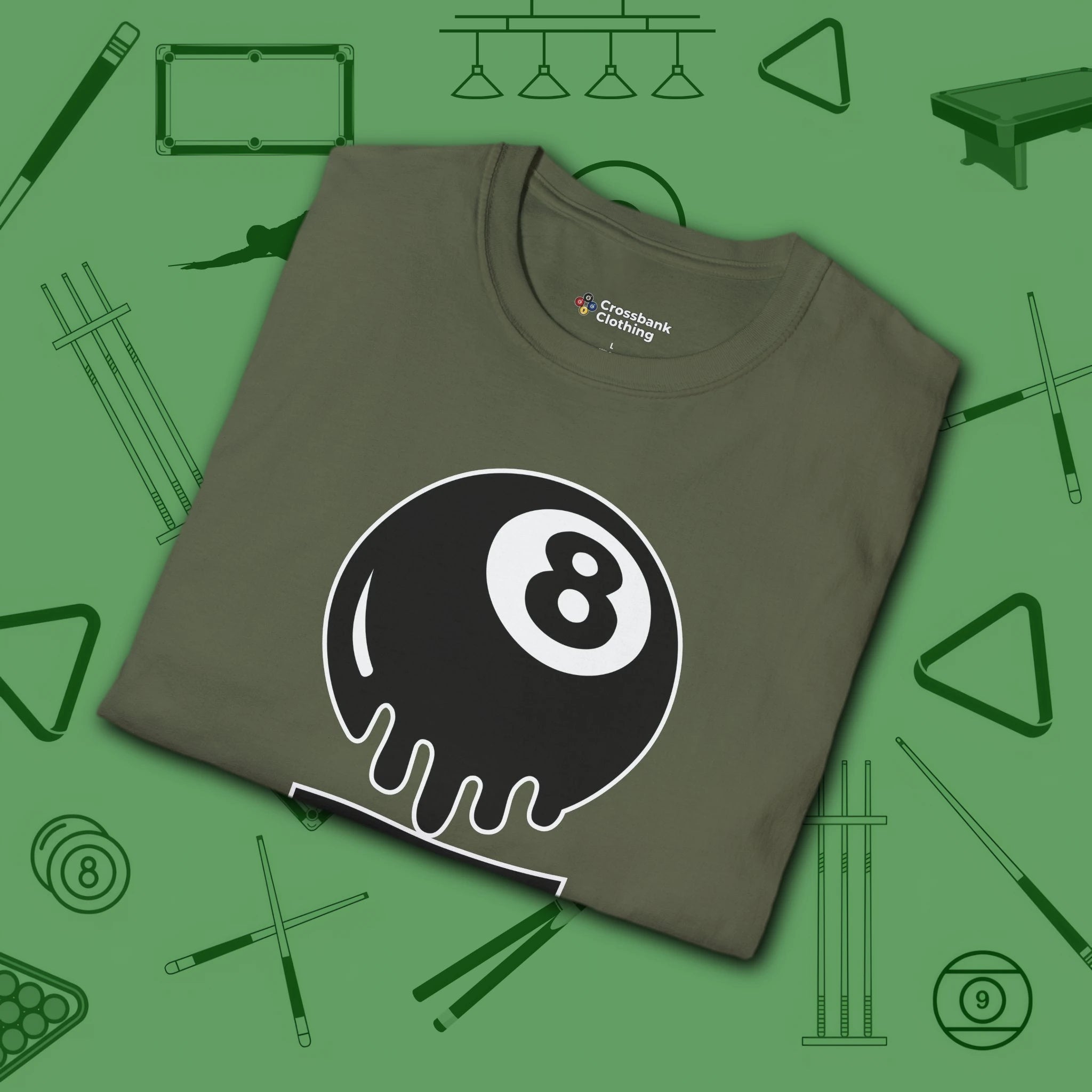 Break Society T-Shirt, in Military Green color, billiards shirt, folded view