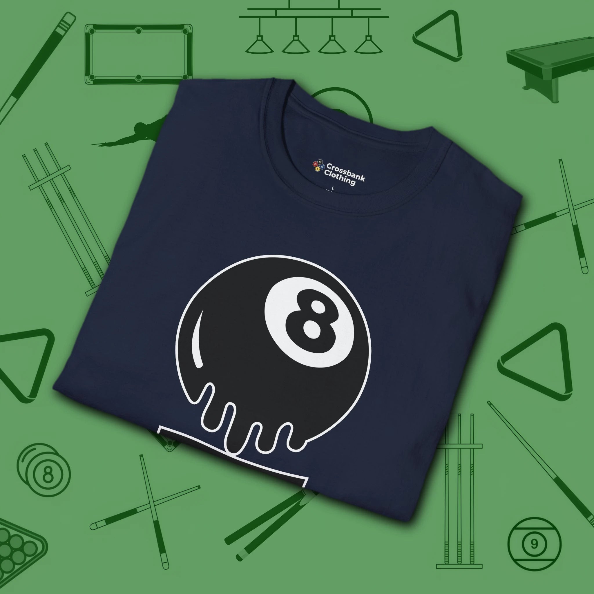 Break Society T-Shirt, in Navy color, billiards shirt, folded view