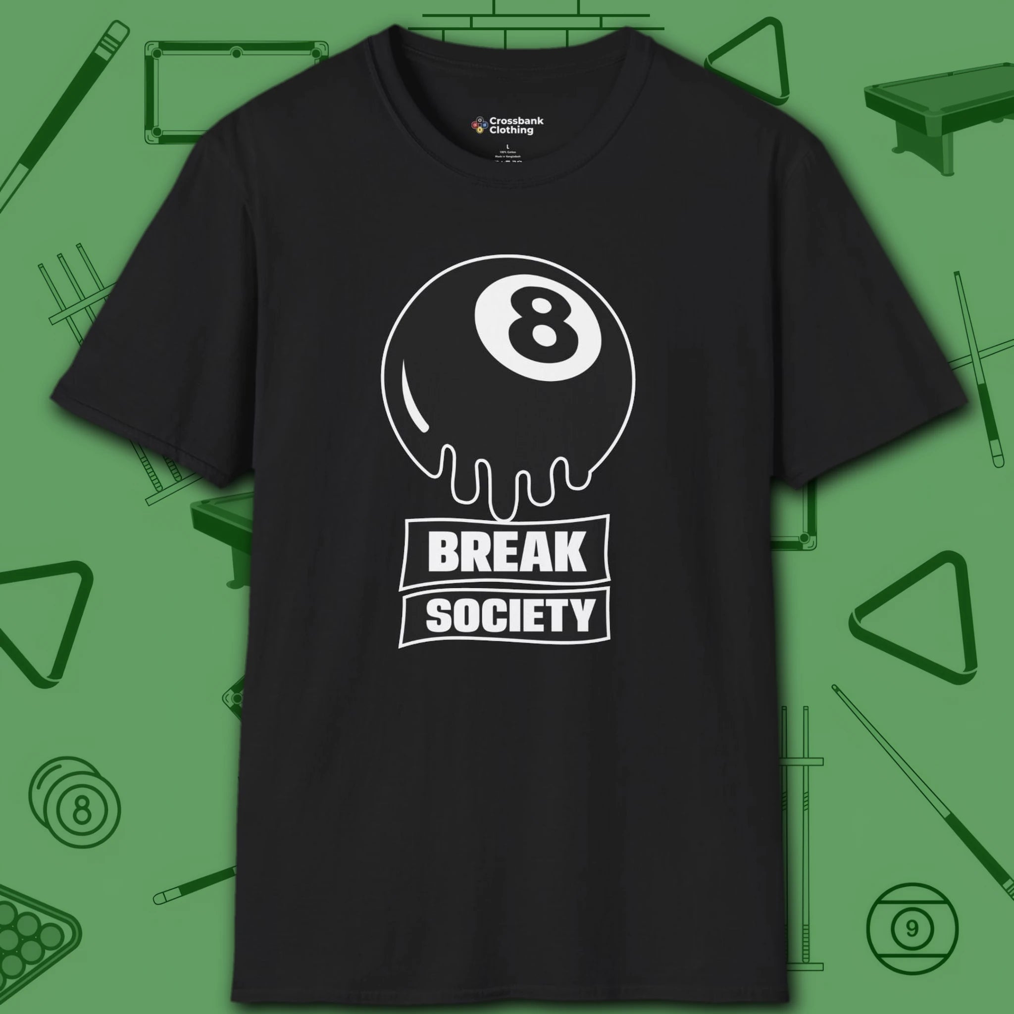 Break Society T-Shirt, in Black color, billiards shirt, front view