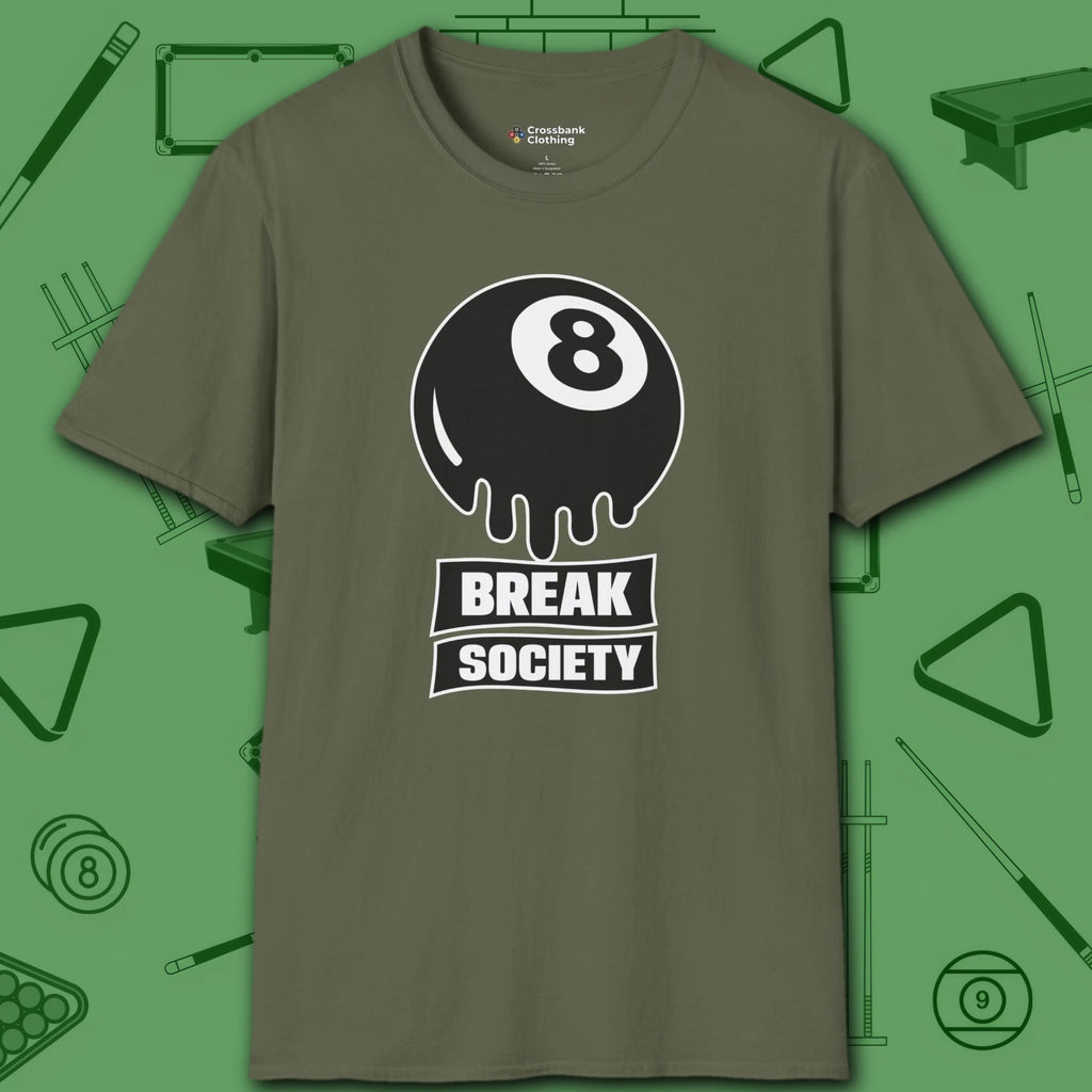 Break Society T-Shirt, in Military Green color, billiards shirt, front view